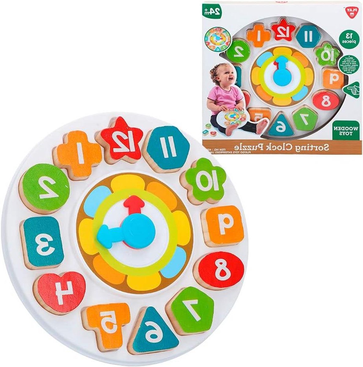 Houten Kinderklok - Educatieve Klok - Leren Klokkijken - 13 Delig - 40 x 305 x 315 mm - Multicolor