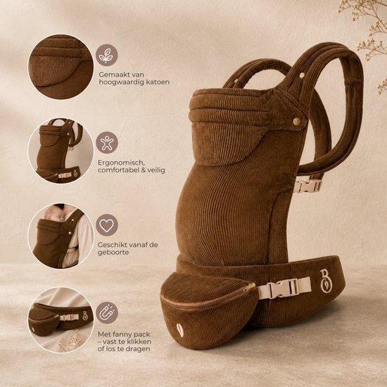 Babiem® Luca - Draagzak - Met Bijpassend Fanny Pack - Kinderdrager - Draagzak Baby - 3 Draagposities - Tot 15 Kilo - Draagzak Peuter - Cognac van Merkloos — afbeelding 2