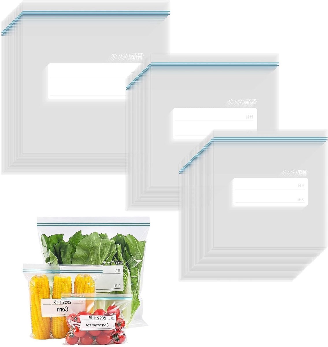 Herbruikbare diepvrieszakken, 65 stuks, afsluitbaar en waterdicht, ideaal voor het bewaren van fruit, groenten, snacks en vlees