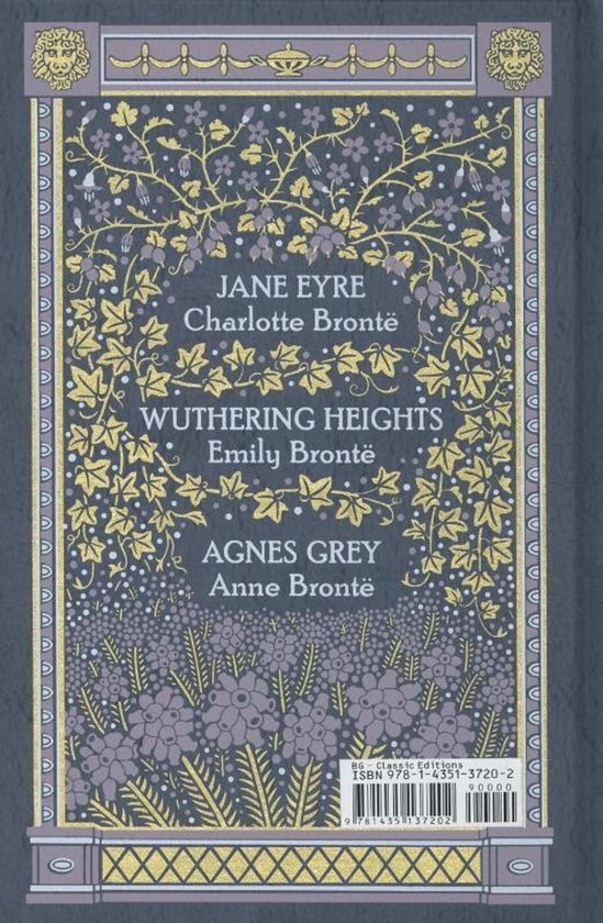 Dos de livre avec des vrilles florales et végétales dorées et violettes. Contient les titres Jane Eyre, Wuthering Heights et Agnes Grey.
