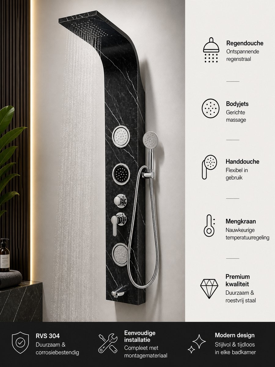 Luxe Douchepaneel met Marmer Effect – Regendouche & Massagefunctie