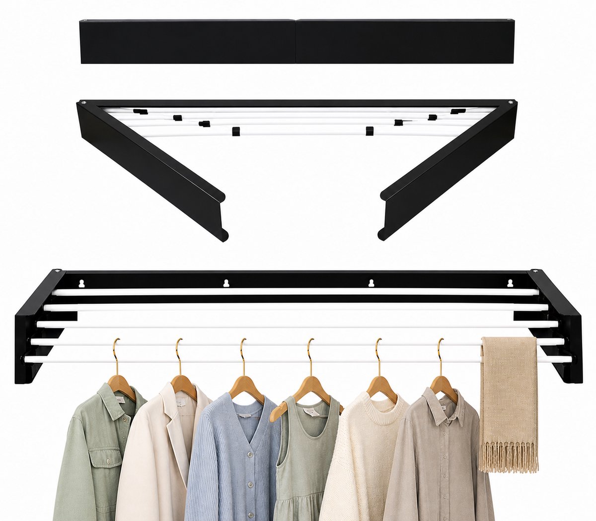 Movela® Wanddroogrek - Wanddroogrek - Droogrek Inklapbaar - Wasrek Hangend - Wasrek muur - Kledingstang - Wasrek Ophangbaar - Inklapbaar - Zwart