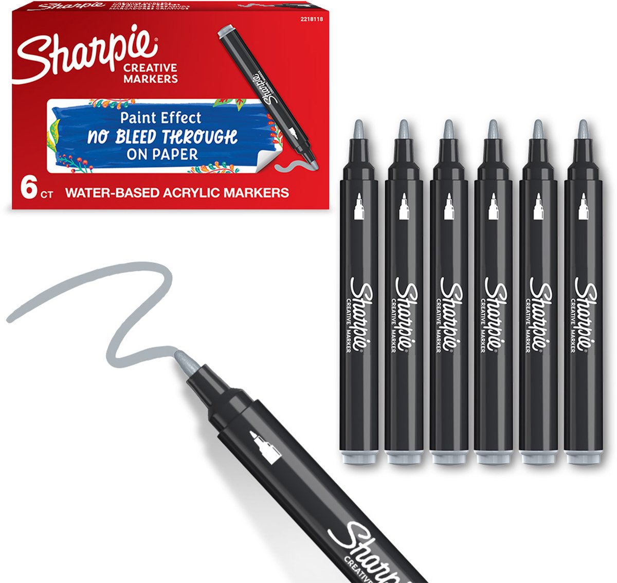 Sharpie Creative Marker Acrylverfmarkers | Ronde punt | Verfmarkers op waterbasis | Inkt loopt niet door en geschikt voor de meeste oppervlakken | Koelgrijs | 6 stuks