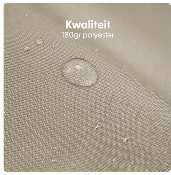 Detail van taupe 180gr polyester stof met waterdruppels.