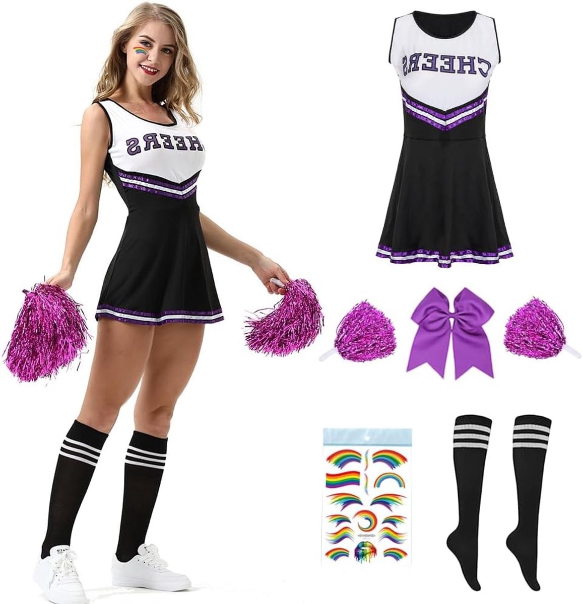 Cheerleader Kostuum voor Dames, Maat S, Inclusief Pompoms en Sokken, Perfect voor Carnaval en Halloween Feesten