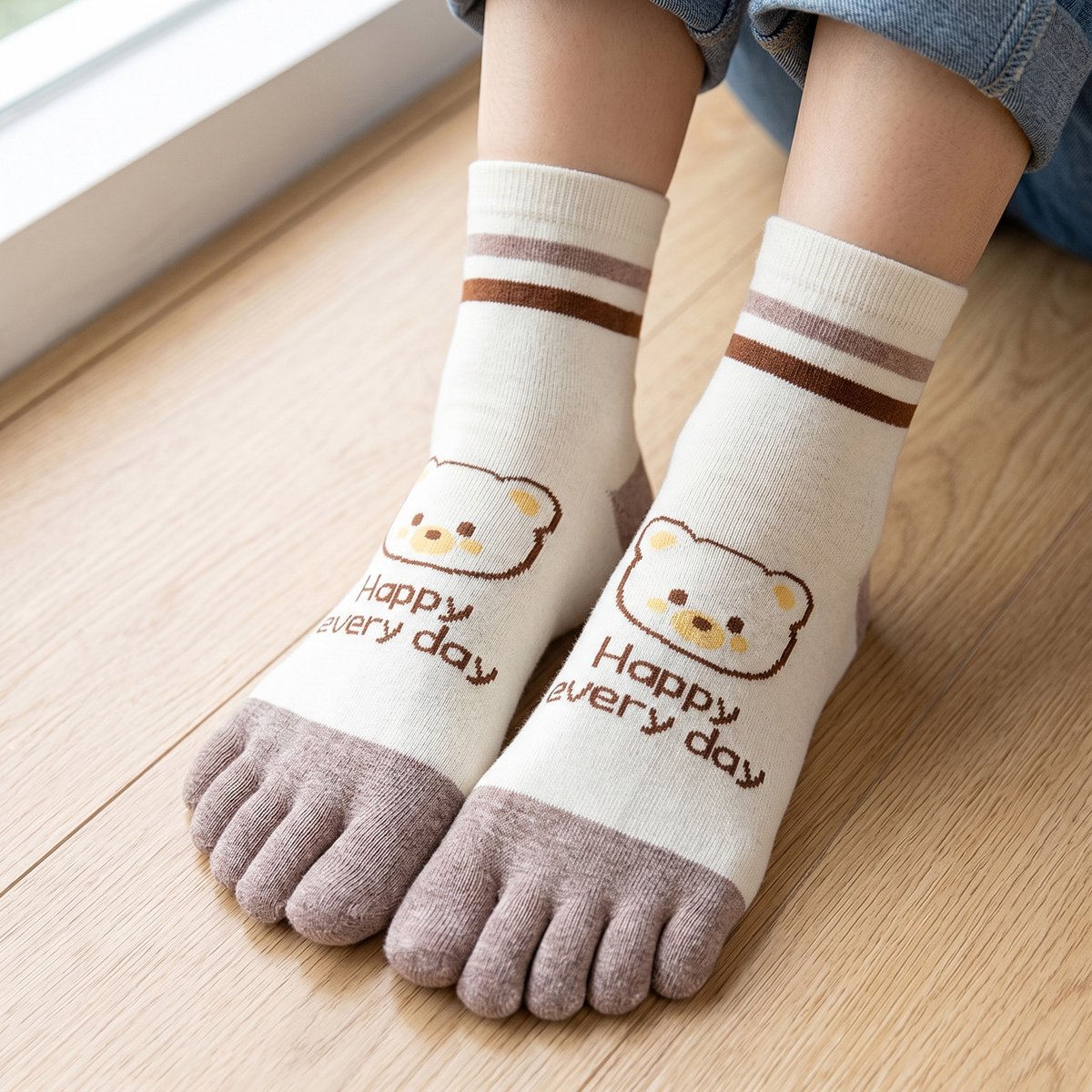 Dames Teensokken - teen sokken - toe socks - bruin - beige - wit - leuke print beer - happy - 36 -40 - cadeau - sport - yoga - fitness - pilates - runner teen sokken - teenslipper sokkenes Teensokken - teen sokken - toe sock