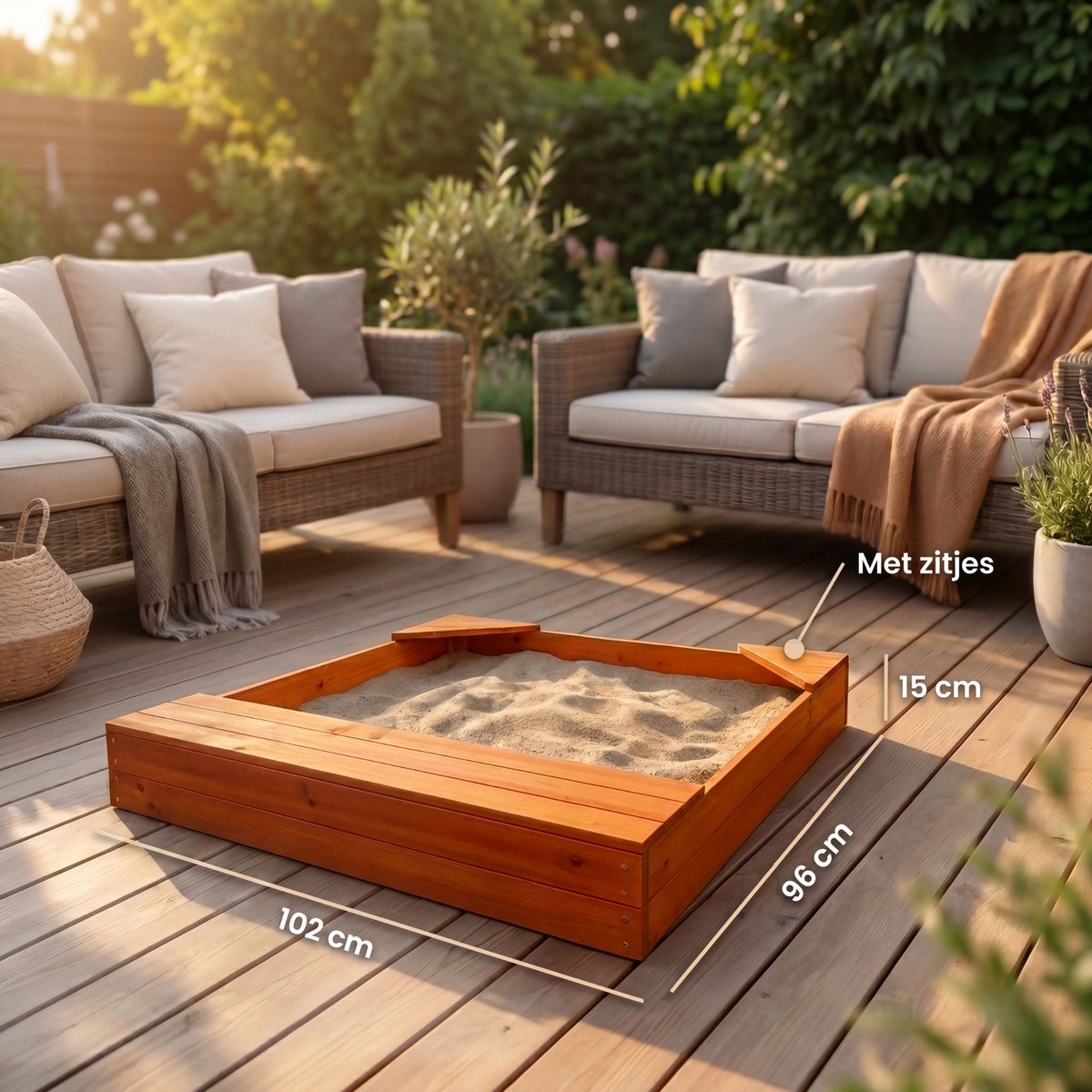 Outbee Zandbak - Zandbak met deksel - Hout - Incl. Afdekzeil - Zitplekken Voor Kinderen - 102x96x15cm — afbeelding 7