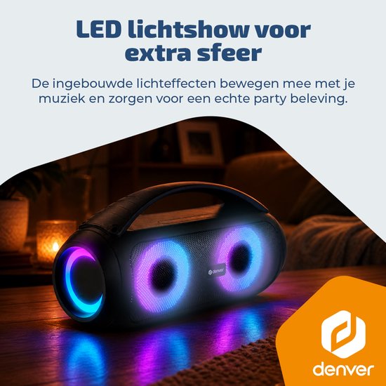 Zwarte Denver draadloze speaker met LED lichtshow in paars en blauw, beweegt mee met muziek.