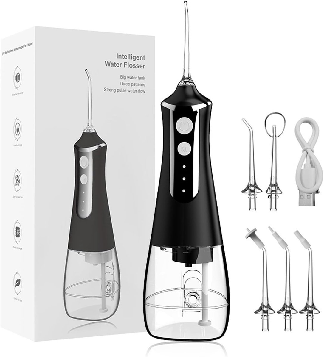 Draadloze waterflosser voor tanden, professionele monddouche, ergonomische antisliphandgreep, 3 standen en 5 opzetstukken, 300 ml waterreservoir, laag geluidsniveau - 70 dB, voor tand-, tandvlees- en mondverzorging (zwart)