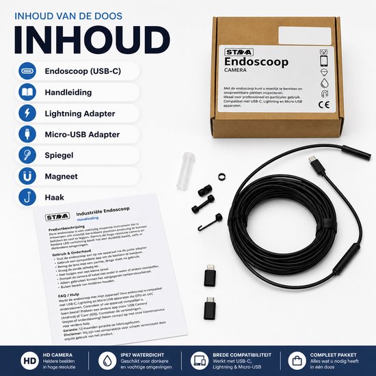 Endoscope - Caméra d'inspection USB - Outillage d'inspection - Tête 8 mm - HD flexible - Câble 5M - waterproof - Siècle des Lumières 8 LED - adapté pour iPhone
