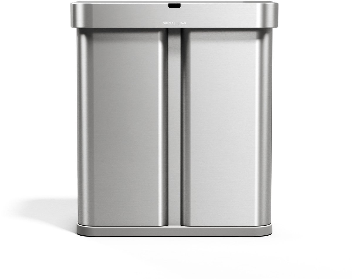 Simplehuman rechthoekige afvalbak van 58 Liter met sensor - twee compartimenten (34/24) - spraak en bewegingsgestuurde - geborsteld RVS