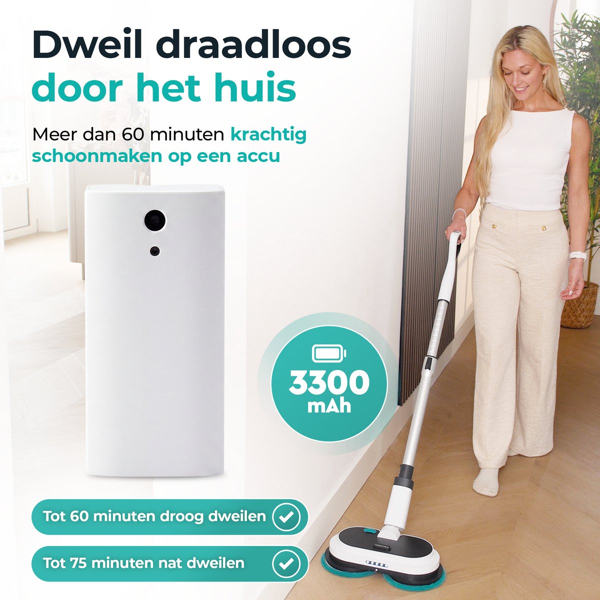 VENTRA® Elektrische Dweil - Extra Sterke 3300mAh Accu - Dweilsysteem - Vloerreiniger - Dweil met Spray - 3300mAh - Draadloos – foto 2
