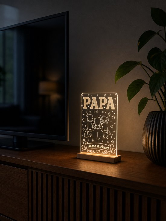 LED Lampje Papa Gepersonaliseerd met Namen - Vaderdag Cadeau - papa met jongen en meisje van Laserloom — afbeelding 2