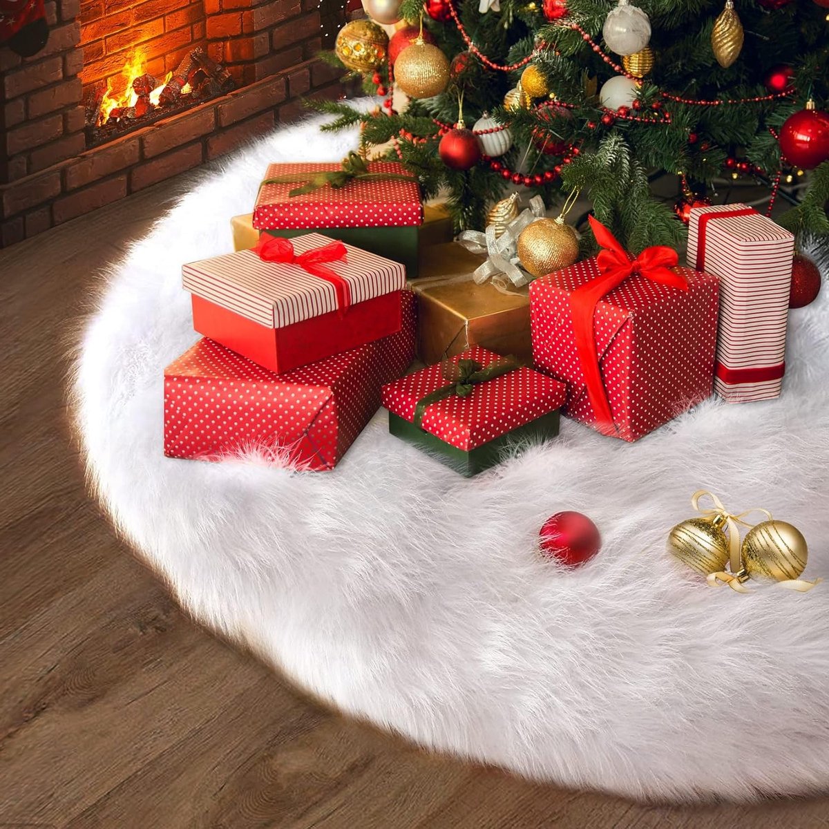 Ronde kerstboomdeken van 120 cm, witte pluche nepbont voor kerstboom, vloerbedekking en decoratie voor de feestdagen