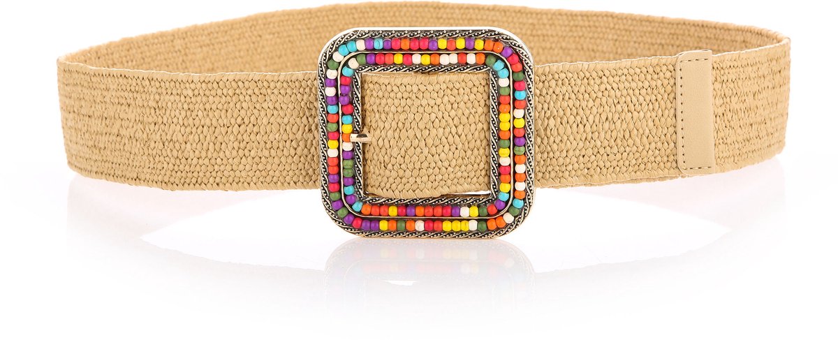 She life style - elastische gevlochten beige riem met een vierkante gesp met kleurrijke kralen - 100 cm