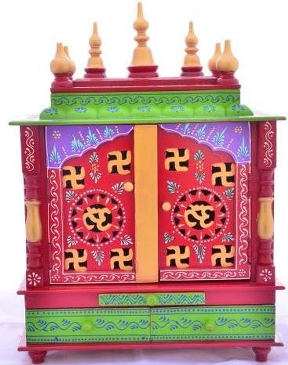 Houten Tempel - Huis Pooja Mandap - Religieuze Ceremonie - Handgeschilderd Reliëf - 47x30x60 cm - Rood