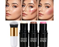 3-in-1 Concealer Stick Set – Highlighter, Contour & Blush – inclusief Kwast – 3 Kleuren