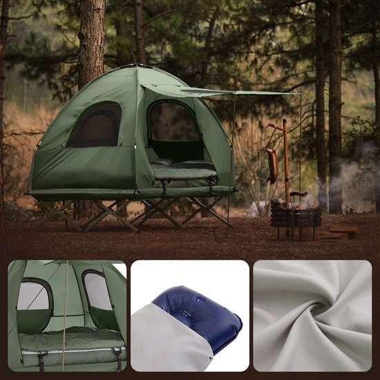 Archi 2-Persoons kampeertent - Tent - Kamperen - 4-in-1 - Stapelbed - Incl. luchtbed & slaapzak - Met draagtas op wielen - Groen — afbeelding 2