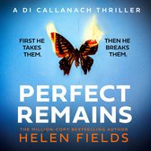 Een thriller met op de voorkant een brandende vlinder en de titel "Perfect Remains" van Helen Fields.