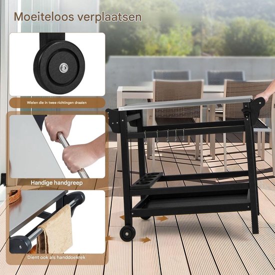 Buitenkeuken op Wielen - BBQ Trolley - Met Opbergkast & Planken - Werktafel voor Buiten - Hout & Metaal - Multifunctioneel - Zwart — afbeelding 4