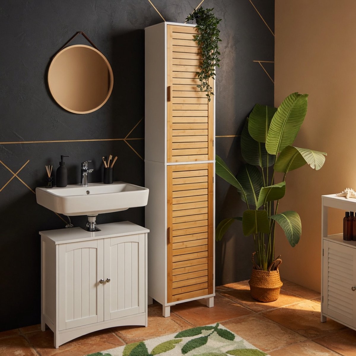 kast Wit/Natuur 40x30x190 cm - Hoge Smalle Handdoekenkast MDF Bamboe - Badkamerkast 6 Vakk