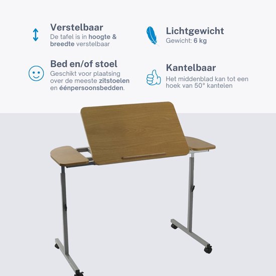 Verstelbare, kantelbare bedtafel op wielen, 6 kg, met houten blad.