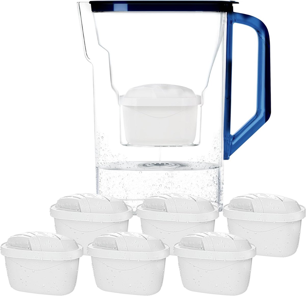 Waterfilterkan met filter, koelkastdeurkan 2,7 liter, filterpatronen met actieve kool en ionenwisselaarhars, set kan en 6 waterfilters - blauw