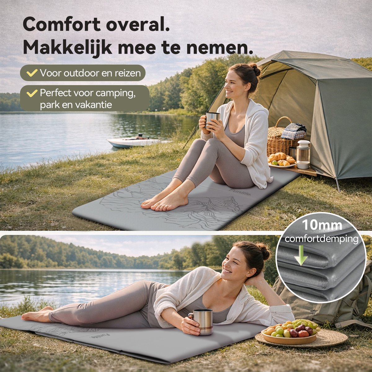 Funlife Opvouwbare Yogamat 190 x 66 cm - 10 mm Dik - Antislip Fitnessmat voor Yoga, Pilates en Thuis Workout - Grijs Berg Design thumbnail 3