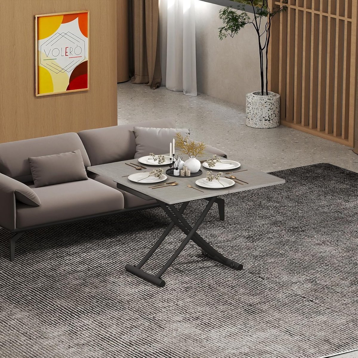 Salontafel met liftfunctie 100x90x75 cm – Uitschuifbare 3-in-1 Verstelbare Eettafel tot 4 Personen – Inklapbare Multifunctionele Tafel met Wielen – Modern Betonlook Walnoot Design – Faisal