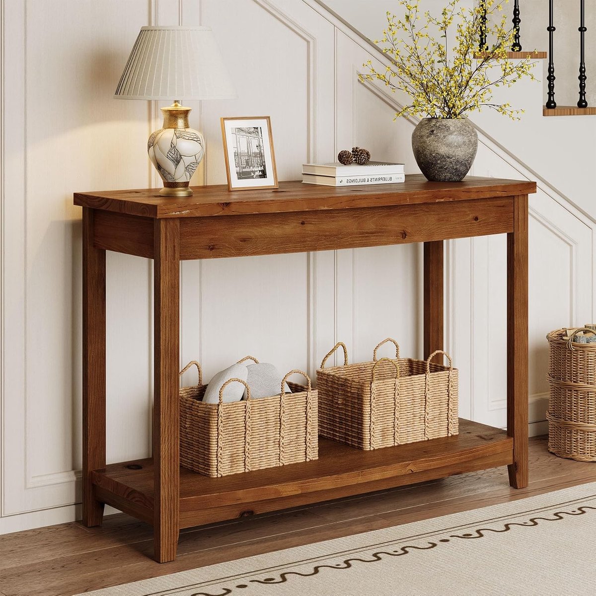 Consoletafel 105 x 35 x 80 cm Massief Hout Vintage Haltafel / Banktafel / Entry Table met 2 Niveaus – Dader