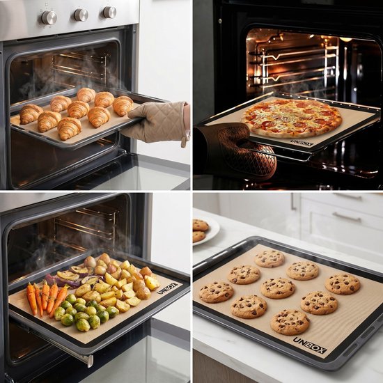 Collage van vier afbeeldingen: croissants in oven, pizza in oven, geroosterde groenten in oven en koekjes op bakmat.