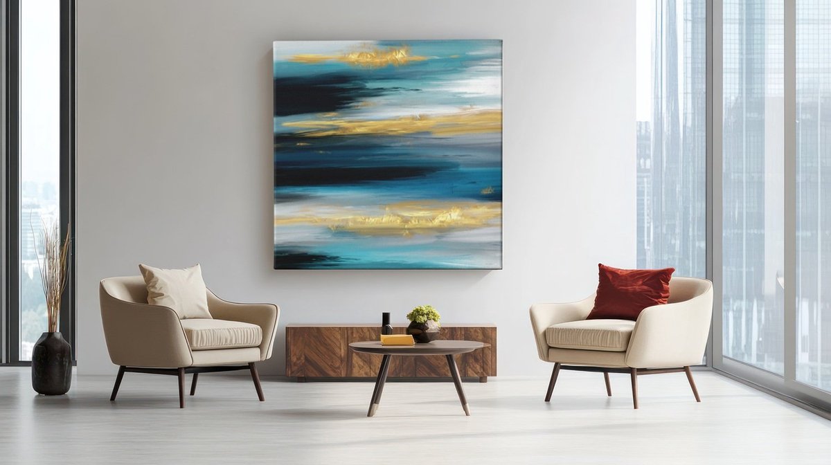 Trendex Global Vierkant Canvas Schilderij Blauw Goud Abstract – Moderne Wanddecoratie voor Woonkamer – 100 x 100 cm
