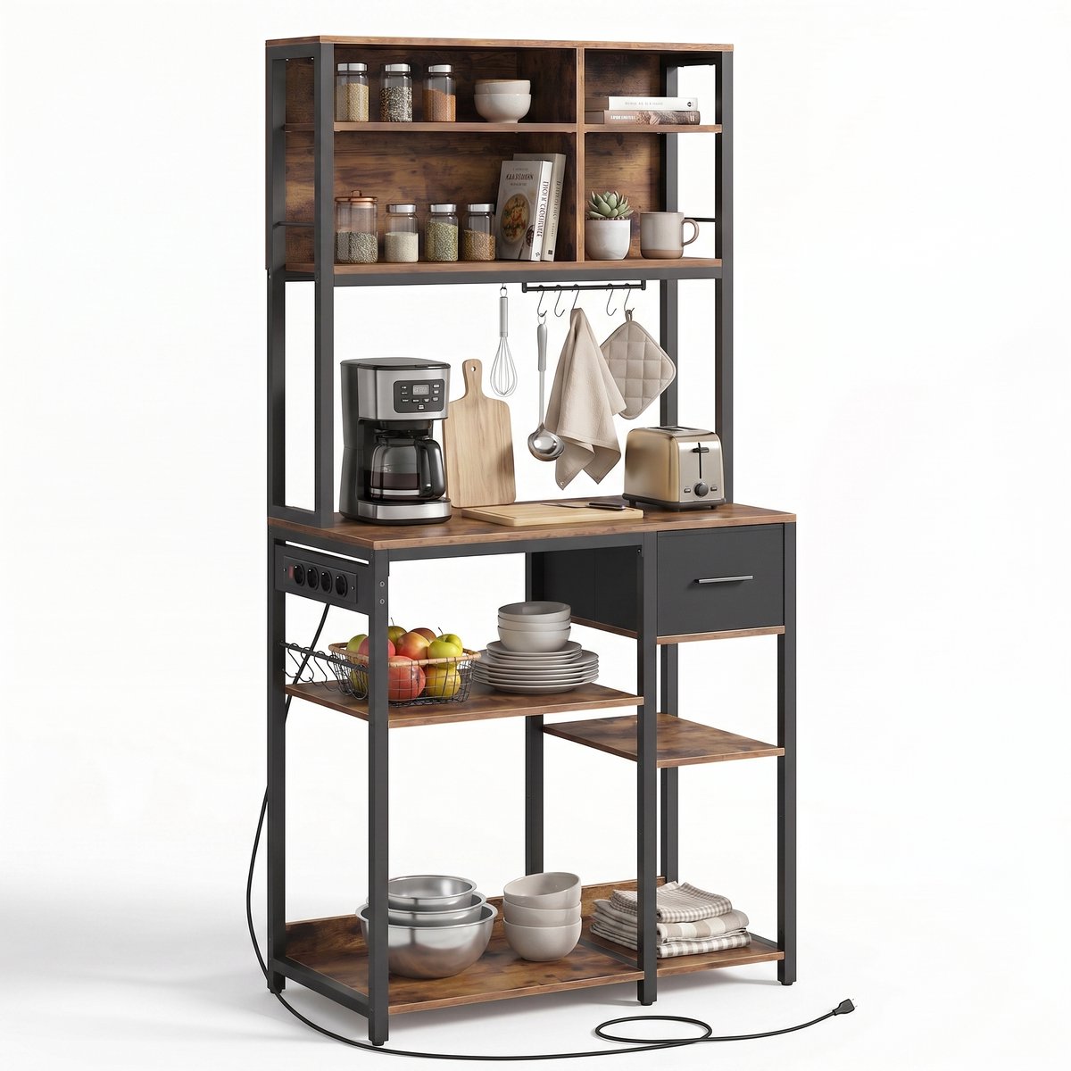 Aiverig® Keukenkast voor Magnetron – Magnetronkast & Keukenrek met Stopcontacten – Industriële Opbergkast met Stoffen Lade, 12 S-Haken & Verstelbare Planken – Voor Koffiemachine & Keukenapparatuur – Vintage Bruin Hout & Zwart – 80×40×180 CM
