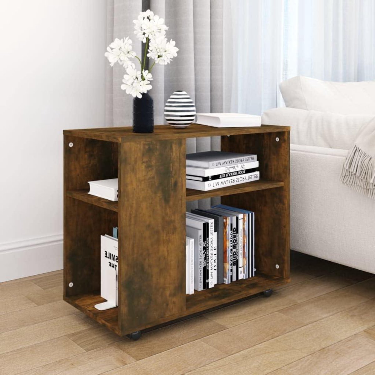 Bijzettafel Hout - Consolotafeletje Hal - Decoratie Opbergen - Met Wielen - 70 x 35 x 55 cm - Rookeiken
