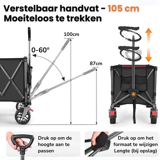 Bolderkar - opvouwbare bolderkar - strandwagen - bolderkar camping - bolderkar 160 liter - bolderkar 120 kg - bolderkar met parkeerrem - 4-weg opvouwbaar - in hoogte verstelbare bolderkar - tuinwagen - boodschappenwagen van Merkloos — afbeelding 2