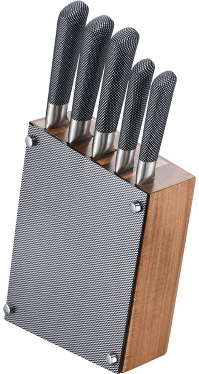 Messenset met Messenblok 6-delig – MICHELINO Keukenmessen Set RVS – Messenblok Hout – Koksmes, Broodmes, Vleesmes, Universeel & Schilmes – Carbon Look