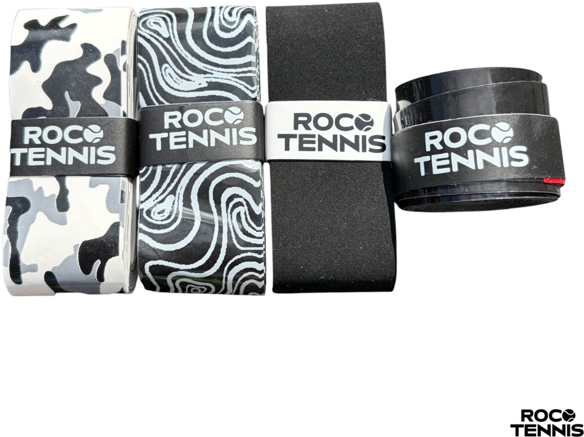 4 stuks | Roco Tennis Overgrips | Antislip | Dry | Zweetabsorberend | Uniek Patroon | Tennis | Padel | Badminton | Squash | Overgrip | Tennisgrips | Soft | Zacht | Zwart