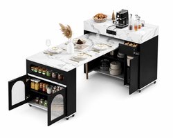 CINK Lux® Uitschuifbaar Keukeneiland met Stopcontact – Verrijdbaar – Marmer Look Werkblad – Opbergkast & Lade – Zwart MDF – Keukentafel / Sideboard