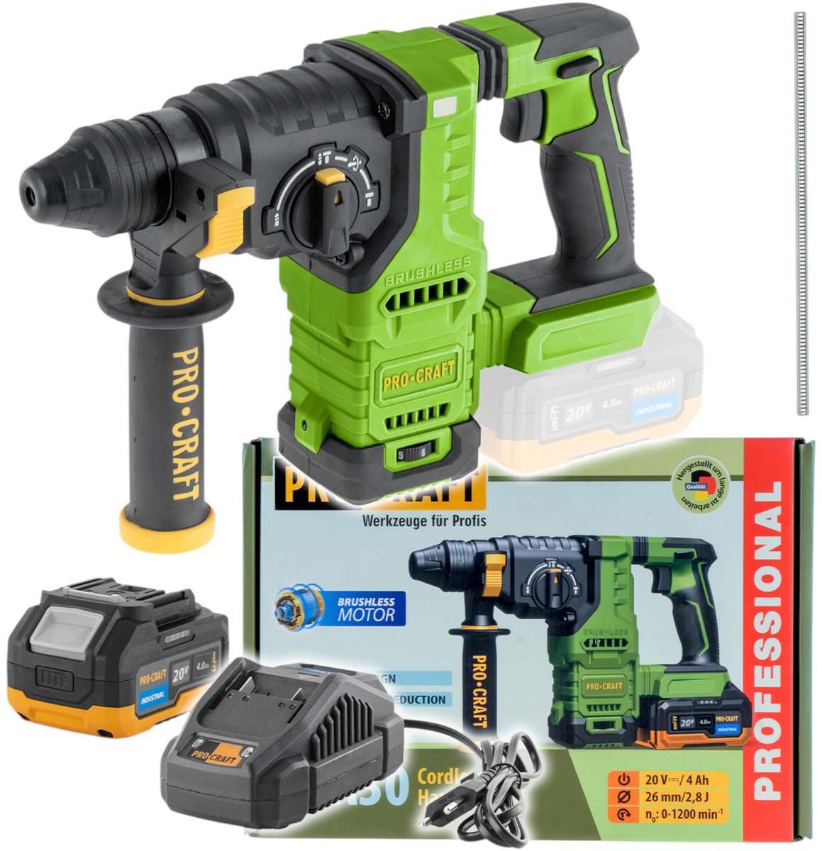 Procraft PHA30-1B accu-boorhamer 20 V 2,8 J SDS plus borstelloos + 1x accu 4,0 Ah + oplader