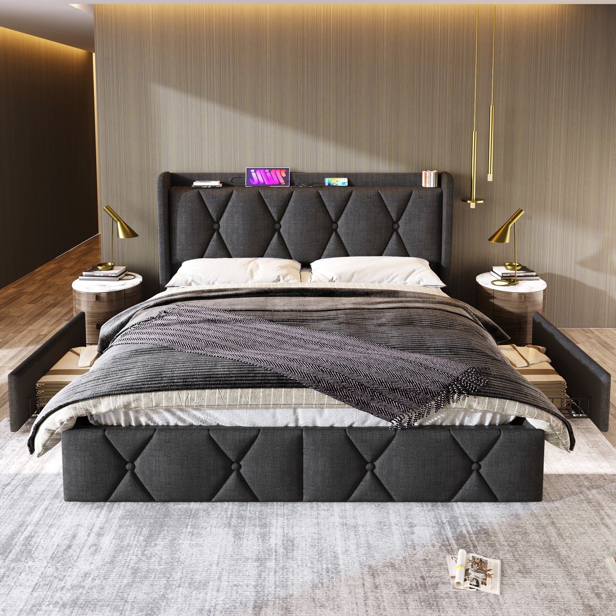 VVBV Bed met opbergruimte 140x200 / Gestoffeerd bed 140x200 / Tweepersoonsbed 140x200 – met Lades, USB, Stopcontact, Lattenbodem – 4 Lades – Hoofdbord grijs