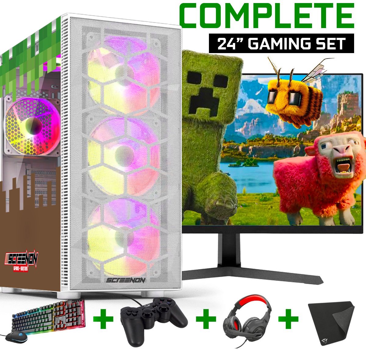 ScreenON - Minecraft Gaming SET White - (GamePC + 24 Inch Monitor + Toetsenbord + Muis + Controller + Headset + Muismat) inclusief WiFi & Bluetooth!