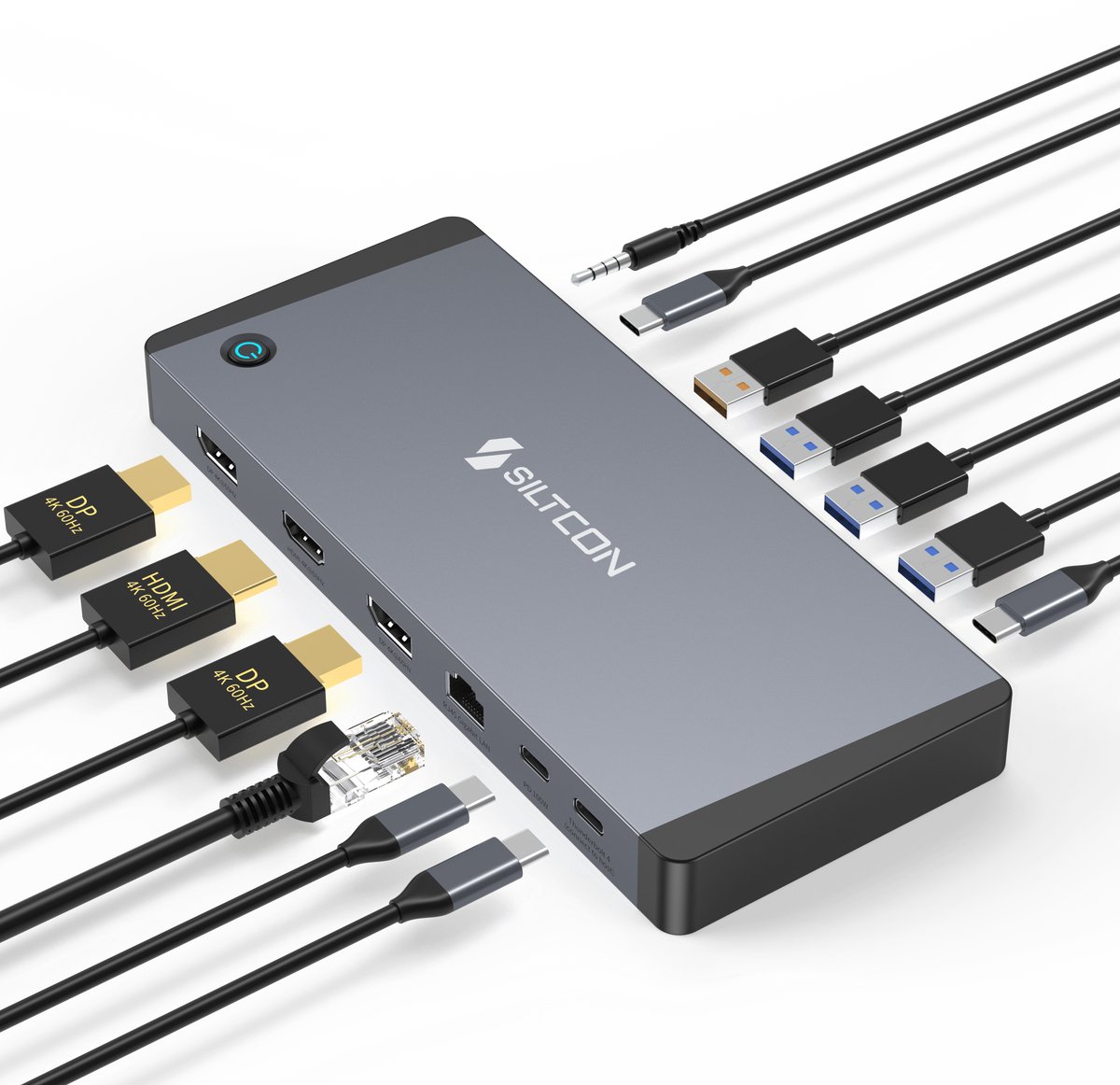 Siltcon® 14 in 1 - Docking Station Laptop – USB C Hub – USB C Dock - 2x Display Link (DP) 4K 60Hz – 1x HDMI 4K 60Hz – 100W Thunderbolt 4 – RJ45 gigabit – 4x USB-A 3.2 – 4x USB-C 3.2 - Plug & Play Geen Drivers – Universeel Voor Laptops – Spacegrey