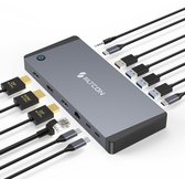 Gedetailleerd beeld van een grijs Siltcon docking station, met diverse poorten zoals USB-C, USB-A, HDMI en DisplayPort, en bijbehorende kabels.