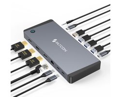 Siltcon® 14 in 1 – Docking Station Laptop – USB C Hub – USB C Dock – 2x Display Link (DP) 4K 60Hz – 1x HDMI 4K 60Hz – 100W Thunderbolt 4 – RJ45 gigabit – 4x USB-A 3.2 – 4x USB-C 3.2 – Plug & Play Geen Drivers – Universeel Voor Laptops – Spacegrey