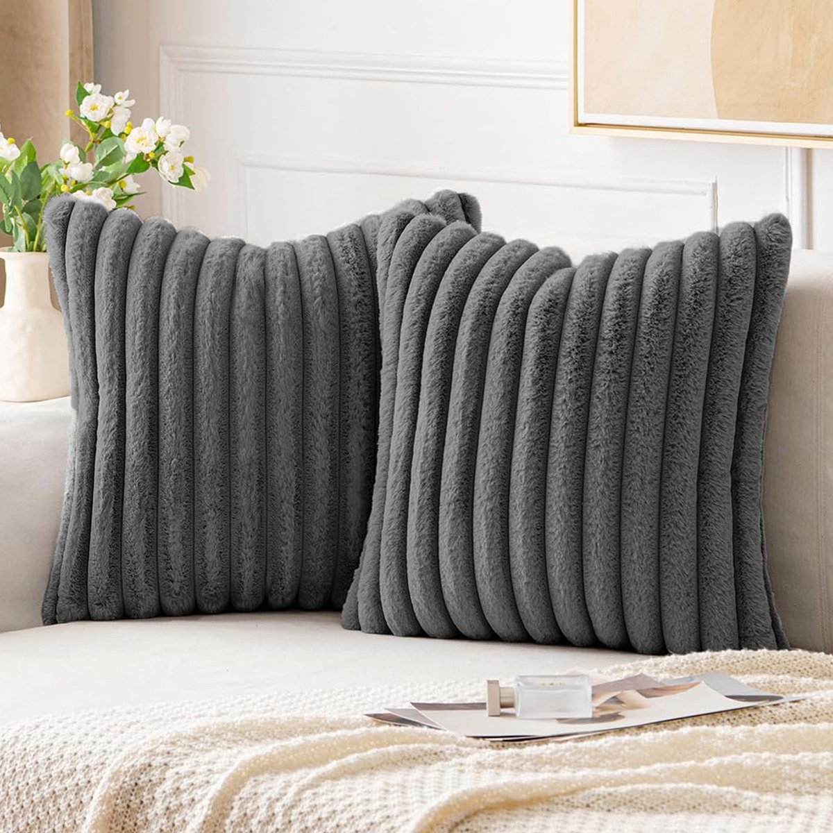 FloraGrace Kussenslopen – Pluche Kussensloop Set Met Zachte Fluwelen Kussenslopen Voor Sofa, Couch En Slaapkamer – Donkergrijs