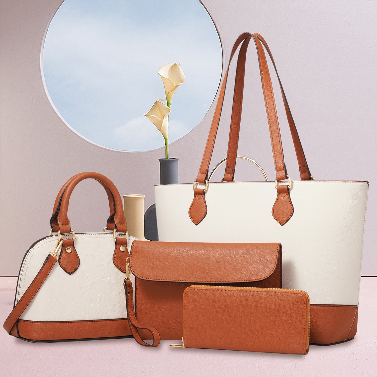 FloraGrace Handtassen - Praktische Dames Handtassen Set, 4-delig Tas Set Met Reißverschlüsse En Accessoires, PU, Bruin + Wit, 33 x 26,5 cm