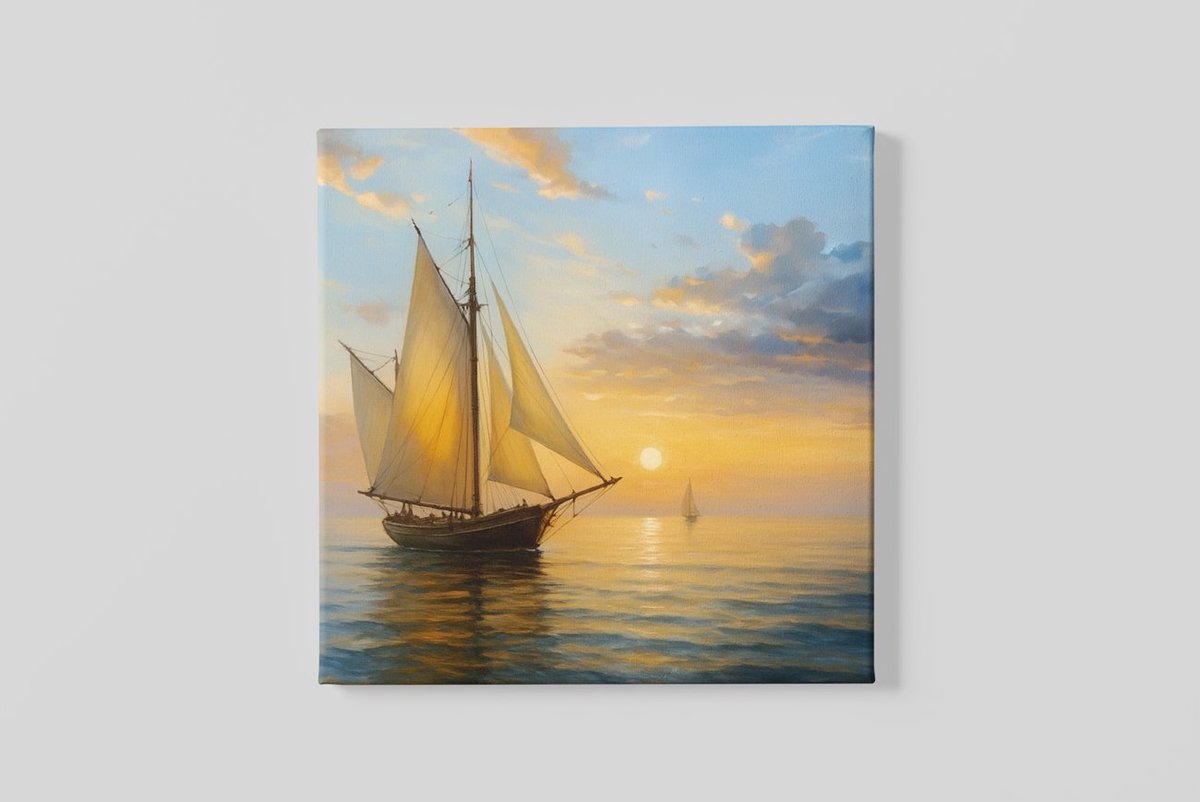 Trendex Global Vierkant Canvas Schilderij Zeilboot Zonsondergang - Zee Landschap - Rustgevende Natuur Kunst - Wanddecoratie - 100 x 100 cm Bruin