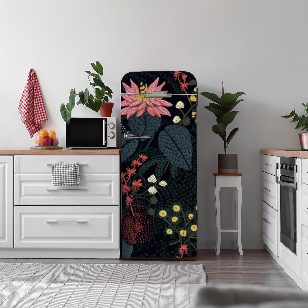 Allecto - Zelfklevende Vinyl Koelkast Wrap - 56 x 163 cm - Zwarte Bloemen - Makkelijk aan te brengen en te verwijderen - Ideaal voor keuken decorat...