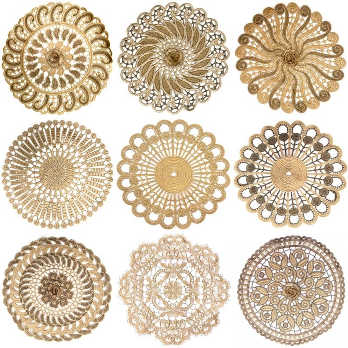 Allecto - Set van 4 Ronde Gehaakte Tafelmatten - Gouden Kanten Onderzetters 26-28cm voor Tafeldecoratie