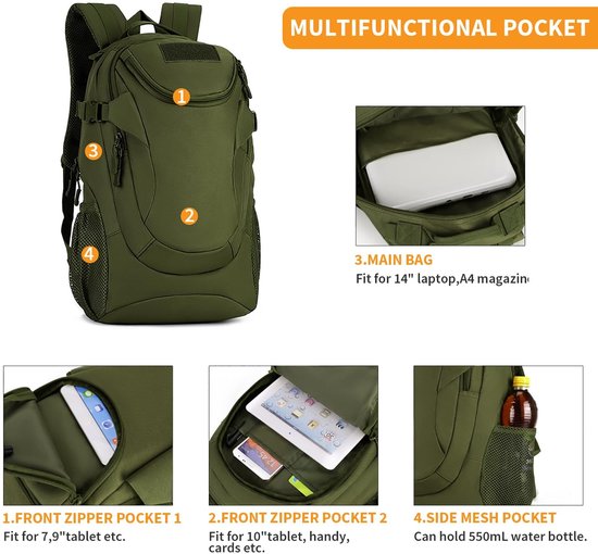 Groene tactische rugzak met vakken voor laptop, tablet en waterfles. Multifunctioneel.